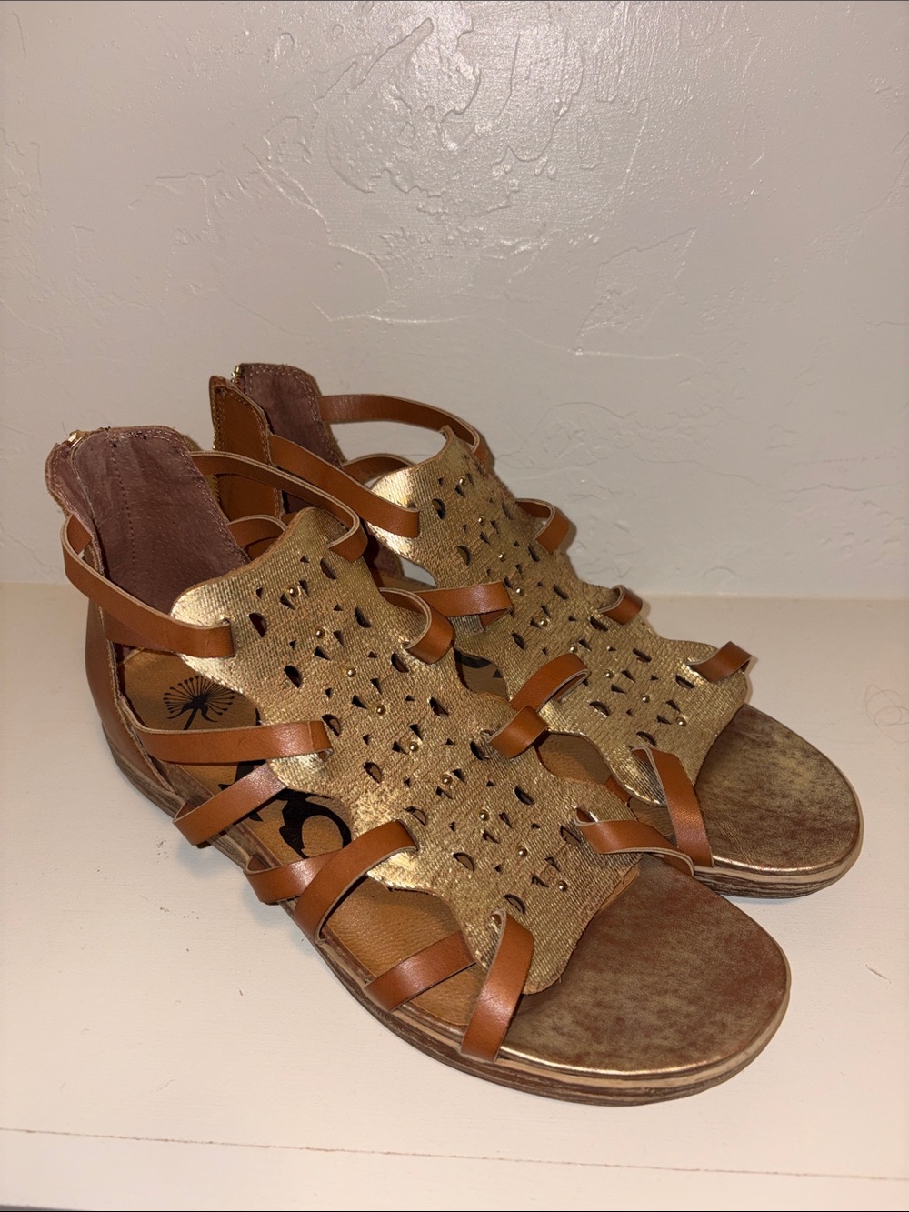 OTBT Gold and Tan Cutout Strappy Wedge Sandals